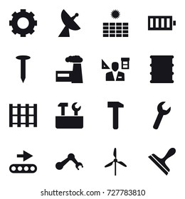 16 vector icon set : gear, satellite antenna, sun power, battery, nail, factory, architector, repair tools, windmill, scraper