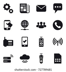 16 vector icon set : gear, newspaper, mail, message, touch, globe connect, group, phone, mobile checking, remote control, wireless