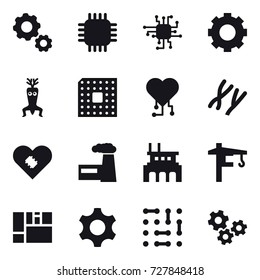 16 vector icon set : gear, chip, dna modify, cpu, cardio chip, factory, tower crane, gears