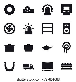 16 vector icon set : gear, atm, cooler fan, alarm, rack, speaker, pan, horseshoe, sweeper, sponge