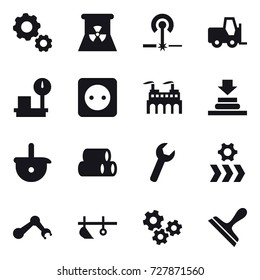 16 vector icon set : gear, nuclear power, laser, power socket, plow, gears, scraper