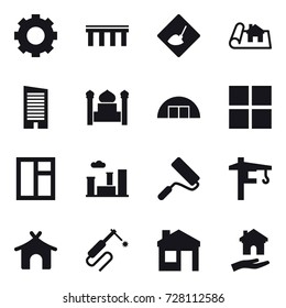 16 vector icon set : gear, bridge, under construction, project, skyscraper, minaret, hangare, window, city, repair, tower crane, bungalow, house, housing