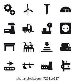 16 vector icon set : gear, windmill, nail, hangare, factory, power socket, table, plow, skyscrapers cleaning
