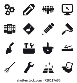 16 vector icon set : gear, pencil, team, monitor arrow, server, under construction, repair, construction, repair tools, soil cutter, fork, wrench, clean floor, floor washing