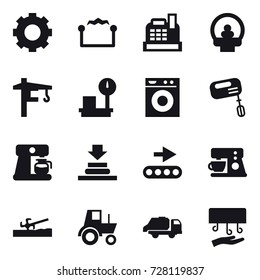 16 vector icon set : gear, electrostatic, cashbox, tower crane, washing machine, mixer, coffee maker, soil cutter, tractor, trash truck, hand dryer