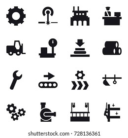 16 vector icon set : gear, laser, factory, plow, gears, water pump, skyscapers cleaning, skyscrapers cleaning