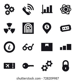 16 vector icon set : gear, call, graph, atom, nuclear, fingerprint, dollar pin, ticket, info, key