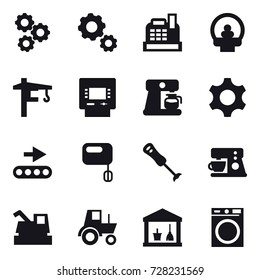16 vector icon set : gear, cashbox, tower crane, atm, coffee maker, harvester, tractor, utility room, washing machine