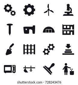 16 vector icon set : gear, windmill, microscope, nail, slum, hangare, modular house, construction, plow, scraper, garbage bin