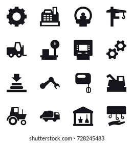 16 vector icon set : gear, cashbox, tower crane, atm, harvester, tractor, trash truck, utility room, hand dryer