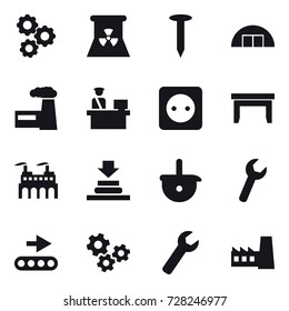 16 vector icon set : gear, nuclear power, nail, hangare, factory, power socket, table, gears, wrench