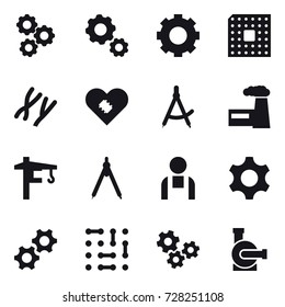 16 vector icon set : gear, cpu, draw compass, factory, tower crane, drawing compass, gears, water pump