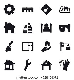 16 vector icon set : gear, bridge, under construction, project, home, skyscraper, minaret, slum, construction, plan, real estate, barn, gloves