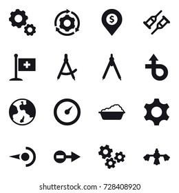 16 vector icon set : gear, around gear, dollar pin, draw compass, drawing compass, earth, barometer, washing, gears, hard reach place cleaning