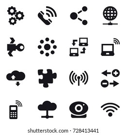 16 vector icon set : gear, call, molecule, globe connect, satellite, round around, notebook connect, notebook wireless, cloude service, puzzle, wireless