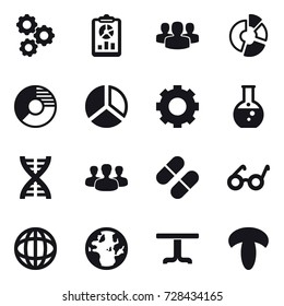 16 vector icon set : gear, report, group, circle diagram, diagram, round flask, dna, table