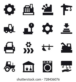 16 vector icon set : gear, cashbox, tower crane, plow, harvester, tractor, utility room, washing machine, hand dryer