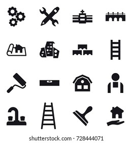 16 vector icon set : gear, pencil wrench, bridge, project, modern architecture, block wall, stairs, repair, level, house, water tap, scraper, housing