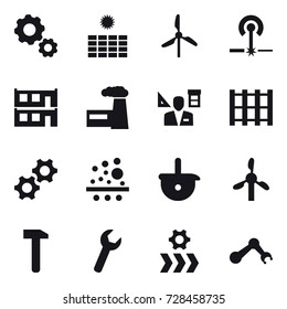 16 vector icon set : gear, sun power, windmill, laser, modular house, factory, architector