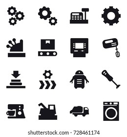 16 vector icon set : gear, cashbox, atm, mixer, harvester, trash truck, washing machine