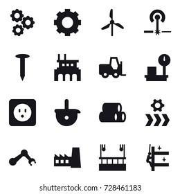 16 vector icon set : gear, windmill, laser, nail, factory, power socket, skyscapers cleaning, skyscrapers cleaning