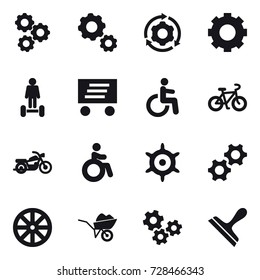 16 vector icon set : gear, around gear, hoverboard, delivery, bike, motorcycle, invalid, handwheel, wheel, wheelbarrow, gears, scraper