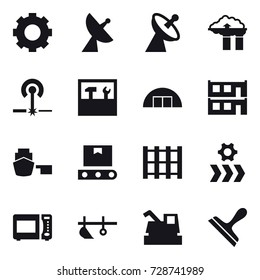 16 vector icon set : gear, satellite antenna, factory filter, laser, tools, hangare, modular house, plow, harvester, scraper