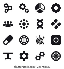 16 vector icon set : gear, diagram, group, round around, disco ball, ring button, table, wheel