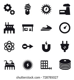 16 vector icon set : gear, bulb, sun power, factory, gas station, jet ski, barometer