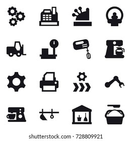 16 vector icon set : gear, cashbox, mixer, coffee maker, plow, utility room, washing powder