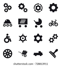 16 vector icon set : gear, around gear, lunar rover, delivery, baby stroller, bike, invalid, handwheel, wheel, wheelbarrow, pickup, scraper