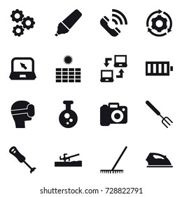 16 vector icon set : gear, marker, call, around gear, notebook, sun power, notebook connect, battery, virtual mask, camera, big fork, soil cutter, rake, iron