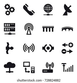 16 vector icon set : gear, phone, globe connect, satellite antenna, server, antenna, bridge, wireless