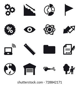 16 vector icon set : gear, crisis, circle diagram, flag, percent, eye, atom, up down arrow, notebook wireless, ruler, earth, garage, blower, garden cleaning