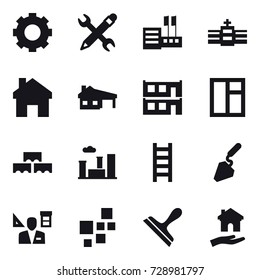 16 vector icon set : gear, pencil wrench, store, home, house with garage, modular house, window, block wall, city, stairs, construction, architector, scraper, housing