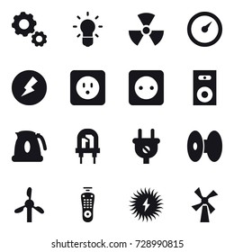16 vector icon set : gear, bulb, nuclear, barometer, electricity, power socket, speaker, kettle, windmill