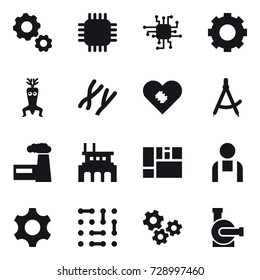 16 vector icon set : gear, chip, dna modify, draw compass, factory, gears, water pump