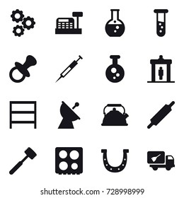 16 vector icon set : gear, cashbox, round flask, vial, nipple, detector, rack, satellite antenna, kettle, rolling pin, meat hammer, horseshoe, home call cleaning