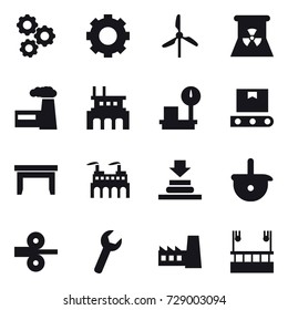 16 vector icon set : gear, windmill, nuclear power, factory, table, skyscapers cleaning