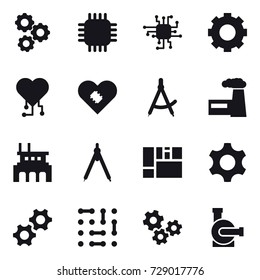 16 vector icon set : gear, chip, cardio chip, draw compass, factory, drawing compass, gears, water pump
