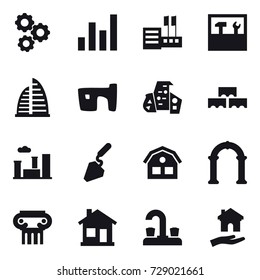 16 vector icon set : gear, graph, store, tools, skyscraper, slum, modern architecture, block wall, city, construction, house, arch, antique column, home, water tap, housing