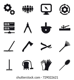 16 vector icon set : gear, team, monitor arrow, around gear, server, drawing compass, soil cutter, rake, axe, pruner, vacuum cleaner, gloves, duster