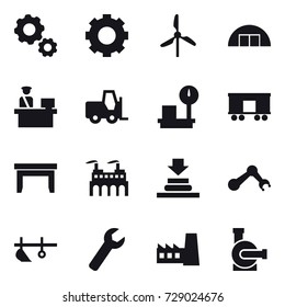 16 vector icon set : gear, windmill, hangare, table, plow, wrench, factory, water pump