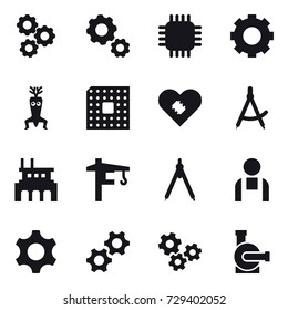 16 vector icon set : gear, chip, dna modify, cpu, draw compass, factory, tower crane, drawing compass, gears, water pump