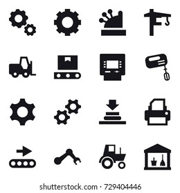 16 vector icon set : gear, cashbox, tower crane, atm, mixer, tractor, utility room