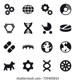 16 vector icon set : gear, globe, circle diagram, hex molecule, dna, baby stroller, bridge, earth, dog, wheel