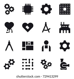 16 vector icon set : gear, chip, cpu, cardio chip, draw compass, factory, drawing compass, gears, water pump