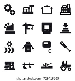 16 vector icon set : gear, cashbox, electrostatic, tower crane, atm, plow, soil cutter, tractor