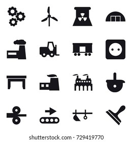 16 vector icon set : gear, windmill, nuclear power, hangare, factory, power socket, table, plow, scraper