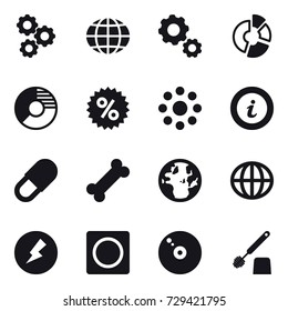 16 vector icon set : gear, globe, circle diagram, percent, round around, info, electricity, ring button, toilet brush